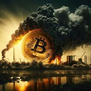 Bitcoin logo surrounded by smoke and industrial factories, symbolizing the environmental harm caused by cryptocurrency mining.